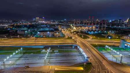 Moscow timelapse, night aerial top view of the third transport ring and the central part of Moscow's...