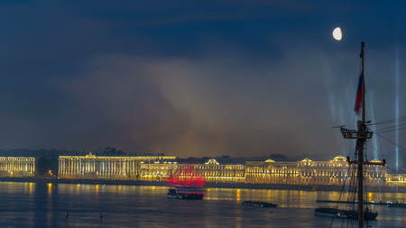 Fireworks timelapse over the city of St. Petersburg (Russia) on the feast of Scarlet Sails , view from roof. View of the winter palace.の写真素材