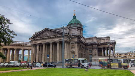 Kazan Cathedral or Kazanskiy Kafedralniy Sobor timelapse hyperlapse in Saint Petersburg with cloudy skyの写真素材