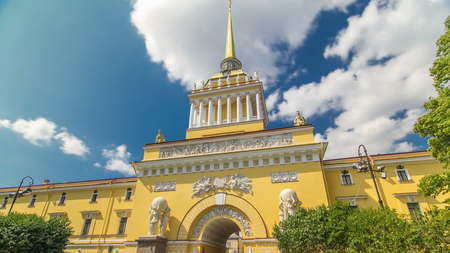 The Admiralty building timelapse hyperlapse. The bust of A.M.Gorchakov at the Aleksandrovsky garden. Blue cloudy sky at summer. Saint Petersburg, Russiaのeditorial素材