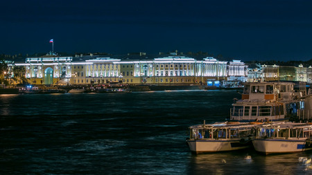 Building of the Russian constitutional court timelapse, Monument to Peter I, building of library of a name of Boris Yeltsin, night illumination, boats on Neva river. Russia, Saint-Petersburgのeditorial素材