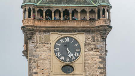 Old Town Hall tower of Prague timelapse with Astronomical Clock (Orloj) close up view, Czech...