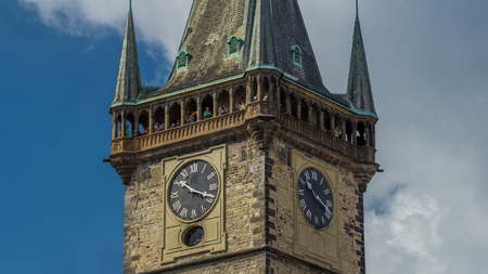 Old Town Hall tower of Prague timelapse hyperlapse with Astronomical Clock (Orloj) close up view,...