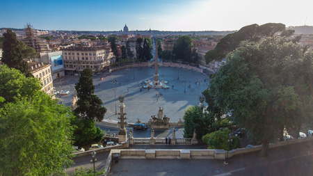 Aerial view of the large urban square, the Piazza del Popolo timelapse, Rome at sunset with shadows...