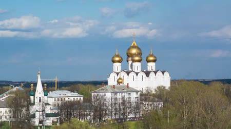 Panorama of the city of Yaroslavl timelapse from the bell tower of the Spaso-Preobrazhensky monastery. Blue cloudy sky at sunny dayの写真素材