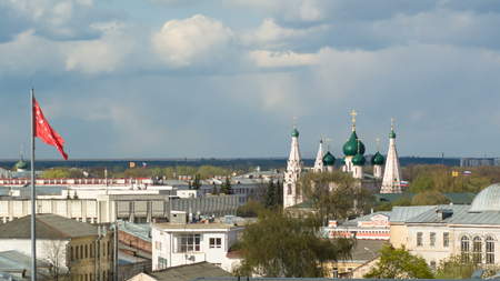 Panorama of the city of Yaroslavl timelapse from the bell tower of the Spaso-Preobrazhensky monastery. Blue cloudy sky at sunny dayの写真素材