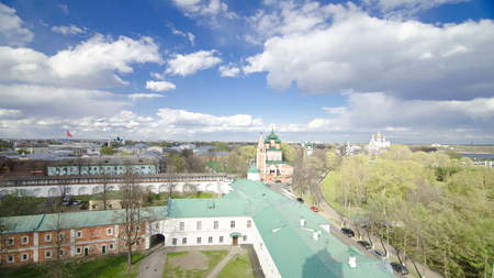 Panorama of the city of Yaroslavl timelapse from the bell tower of the Spaso-Preobrazhensky monastery. Blue cloudy sky at sunny dayの写真素材