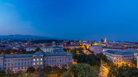 Panorama of the city center timelapse shoot from top of the skyscraper with a view to the intersection in front of national theater and museum in Zagreb, Croatia. View before sunsetのeditorial素材