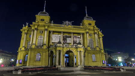 The building of the Croatian National Theater night timelapse hyperlapse. Front viewのeditorial素材