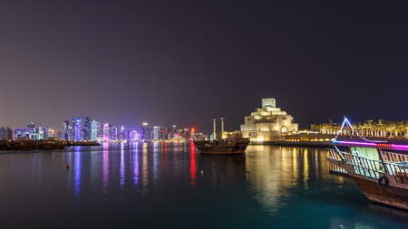 DOHA, QATAR - CIRCA JAN 2018: Beautiful Museum of Islamic Art illuminated at night timelapse...