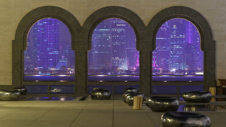 View at the heart of finance world of Qatar capital - Doha City illuminated at night timelapse...