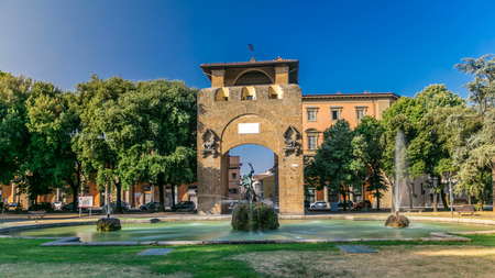 Porta San Gallo with fountain timelapse on Piazza della Liberta. Popular touristic european...