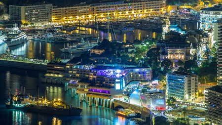 Aerial top view of Monaco from the grand corniche road night timelapse, Monaco France. Evening...
