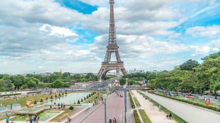 Fountains on famous square Trocadero with Eiffel tower in the background timelapse. Trocadero and...
