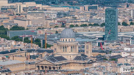Top view of Paris skyline from above timelapse. Main landmarks of european megapolis with Pantheon. Bird-eye view from observation deck of Montparnasse tower. Paris, Franceの写真素材