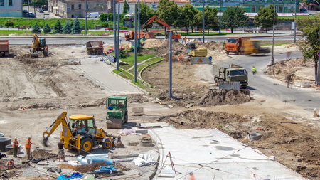 Work bulldozers and excavators on the construction of a road timelapse. Crushed stone on substrate....