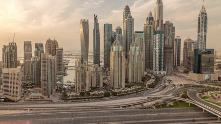 Dubai Marina highway intersection spaghetti junction evening timelapseの写真素材