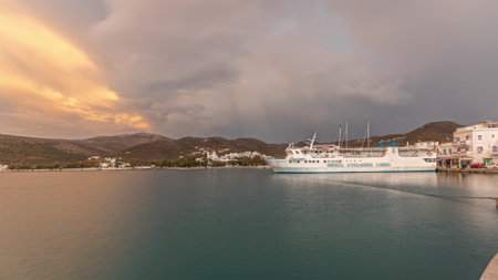 Panorama showing Amorgos island timelapse at evening during sunset. Traditional Greece - white...
