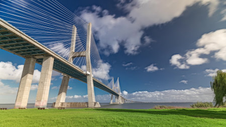 Vasco da Gama bridge timelapse hyperlapse with green lawn on a waterfront and blue cloudy sky....