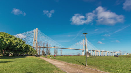 The Vasco da Gama Bridge timelapse hyperlapse in Lisbon, Portugalの写真素材