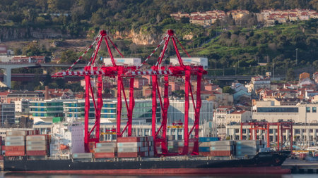 Container ship loading and unloading in sea port timelapse. Aerial view of business logistic import...