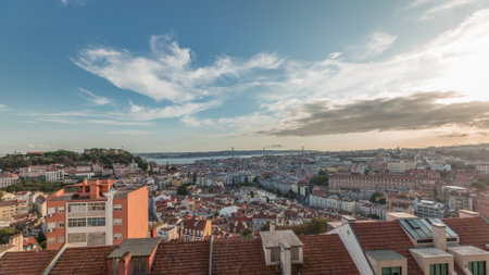 Panorama showing Lisbon famous aerial view from Miradouro da Senhora do Monte tourist viewpoint timelapseの写真素材