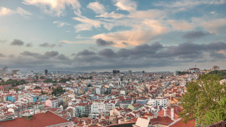 Panorama showing Lisbon famous aerial view from Miradouro da Senhora do Monte tourist viewpoint timelapseの写真素材