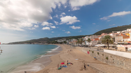 Panorama showing aerial view of Sesimbra Town and seaside timelapse, Portugal.の写真素材