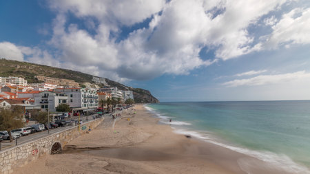 Panorama showing aerial view of Sesimbra Town and seaside timelapse, Portugal.の写真素材
