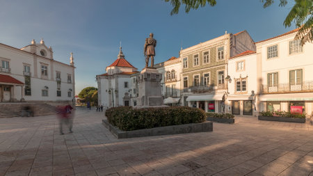 Panorama showing Sa da Bandeira Square with a view of the Santarem See Cathedral timelapse. Portugal