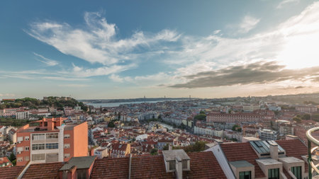Panorama showing Lisbon famous aerial view from Miradouro da Senhora do Monte tourist viewpoint timelapseの写真素材