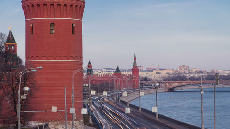 Kremlin embankment - Moskva River embankment near Kremlin. winter timelapse hyperlapseの写真素材