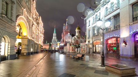 Winter view of Nikolskaya street timelapse hyperlapse in Moscow,Russia.の写真素材