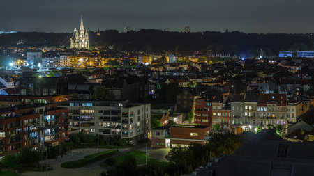 Aerial panorama of Laeken night timelapse, Brussels Capital Region, Belgium, showcasing cityscapeの写真素材