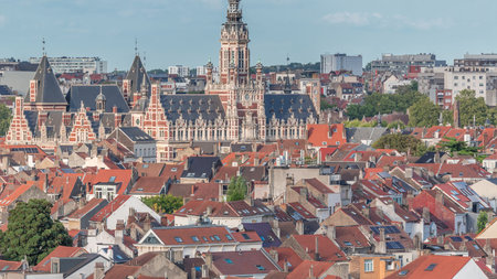 Aerial view of Schaerbeek Town Hall timelapse in Brussels, Belgium.の写真素材