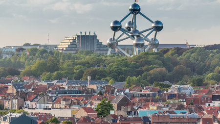 Aerial view of city skyline timelapse with the Atomium in Brussels, Belgium.の写真素材