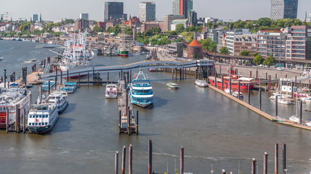 Aerial timelapse in Hamburg, Germany, a vibrant waterfront area.の写真素材