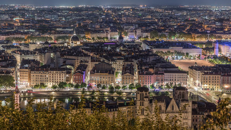 Panoramic aerial view of Lyon from Fourviere Hill at night. France