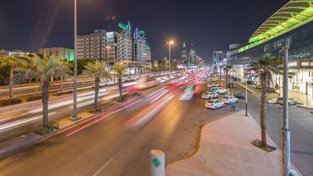 Cityscape aerial night timelapse of Riyadh, Saudi Arabia, King Fahd Road and busy traffic.