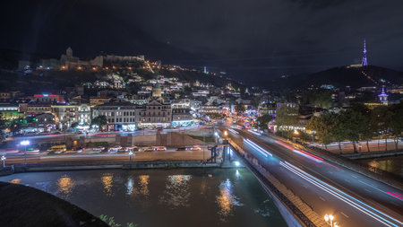 Colorful traditional houses panorama with wooden carved balconies in the Old Town of Tbilisi aerial timelapse, Georgia.の写真素材