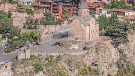 Metekhi Virgin Mary Assumption Church aerial timelapse. Tbilisi, Georgia.