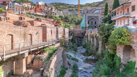 Abanotubani district in Old Tbilisi, Georgia where most of the Sulphur baths are located aerial...