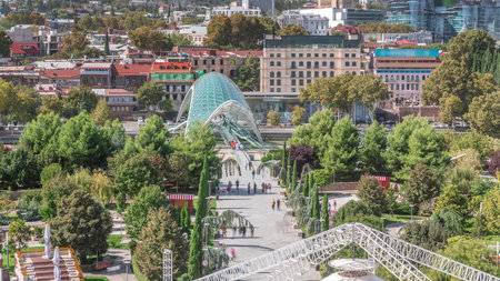 Timelapse of the Bridge of Peace, a bow-shaped pedestrian bridge in Tbilisi, Georgia