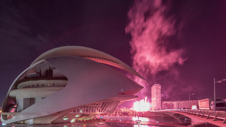 Aerial timelapse of the Palau de les Arts Reina Sofia in Valencia during a fireworks show. Spain