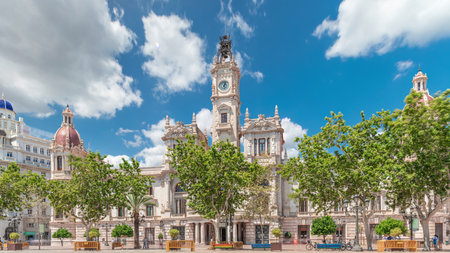 Valencia City Hall or Ajuntament de Valencia timelapse hyperlapse in Plaza de Ayuntamiento. Spainの写真素材