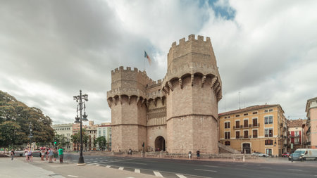 Serrans Towers or Torres de Serranos timelapse hyperlapse in Valencia, Spain.の写真素材