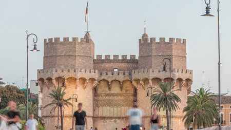 Serrans Towers or Torres de Serranos day to night timelapse in Valencia, Spain.の写真素材