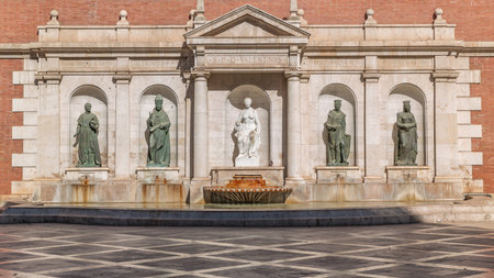 Patriarchs College Square in Valencia timelapse, featuring fountain with sculptures. Spainの写真素材
