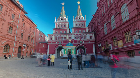 Tourists walk on Red Square near the branch of the Historical Museum and the zero kilometer in Moscow. timelapse hyperlapseの写真素材