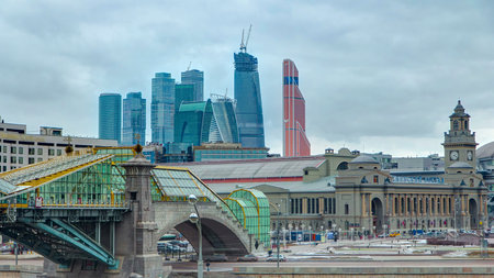 Kievskiy railway station and bridge of Bogdan Khmelnitskiy timelapse hyperlapse, Moscow, Russia.の写真素材